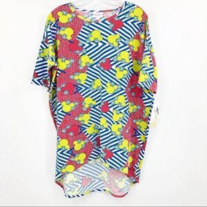 LuLaRoe Womens Irma Tunic Top Size S Disney Mickey Mouse Hi Low Blue Red Yellow